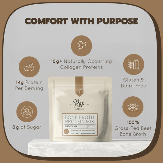 Rae Basics Bone Broth Protein Powder chocolate cup pouring, dairy-free indulgence