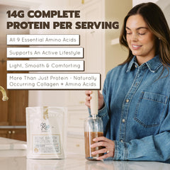 Rae Basics Bone Broth Protein Powder ingredients close-up with organic coconut milk base