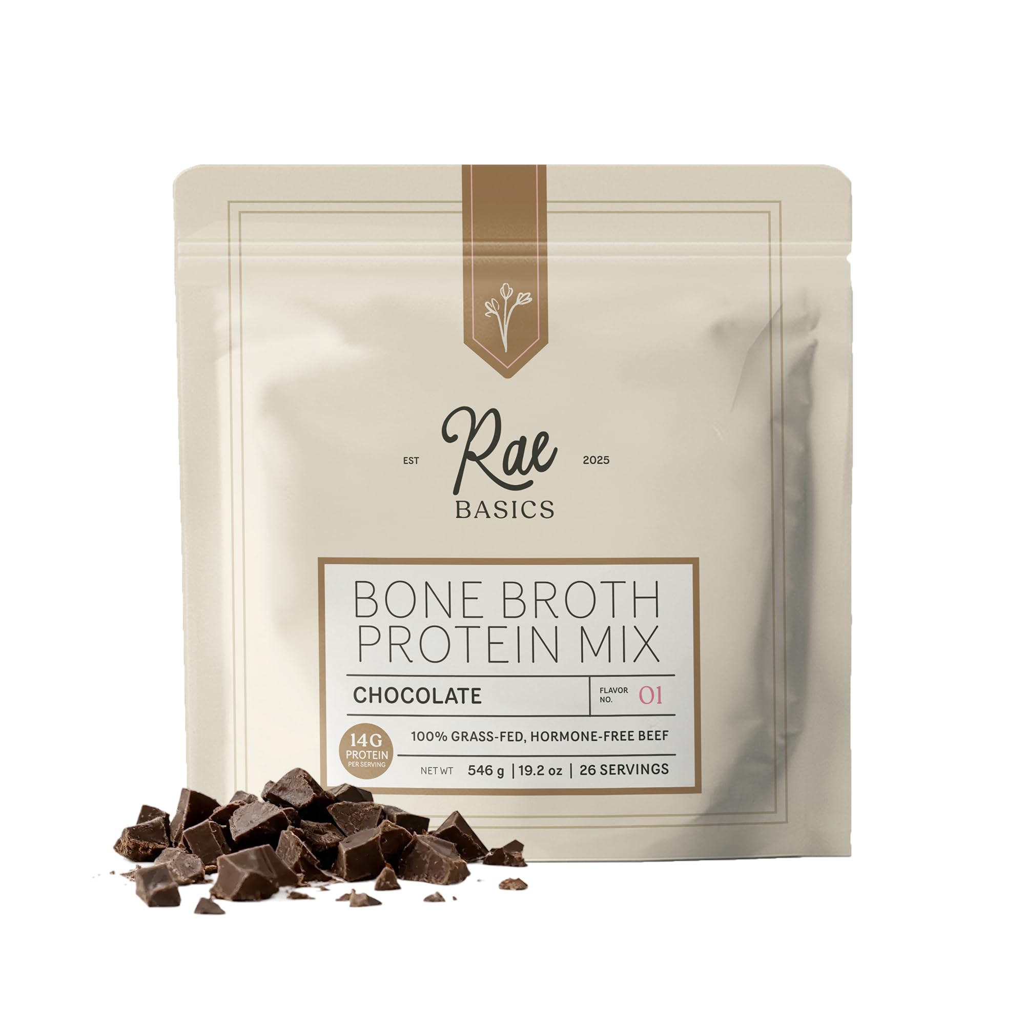 Rae Basics Bone Broth Protein Powder chocolate tub front view, rich flavor impression for shakes