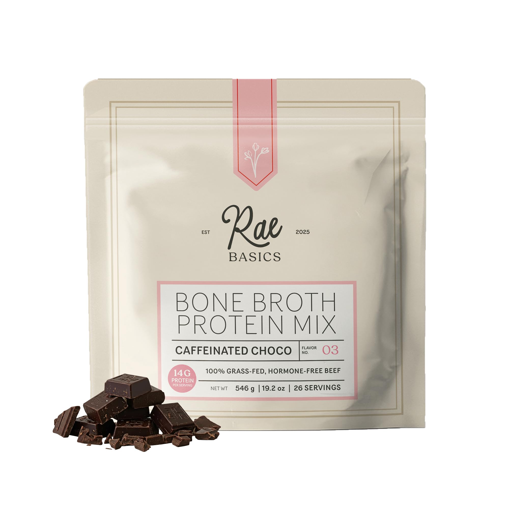 Rae Basics bone broth protein powder tub front showing 26 servings for daily use.