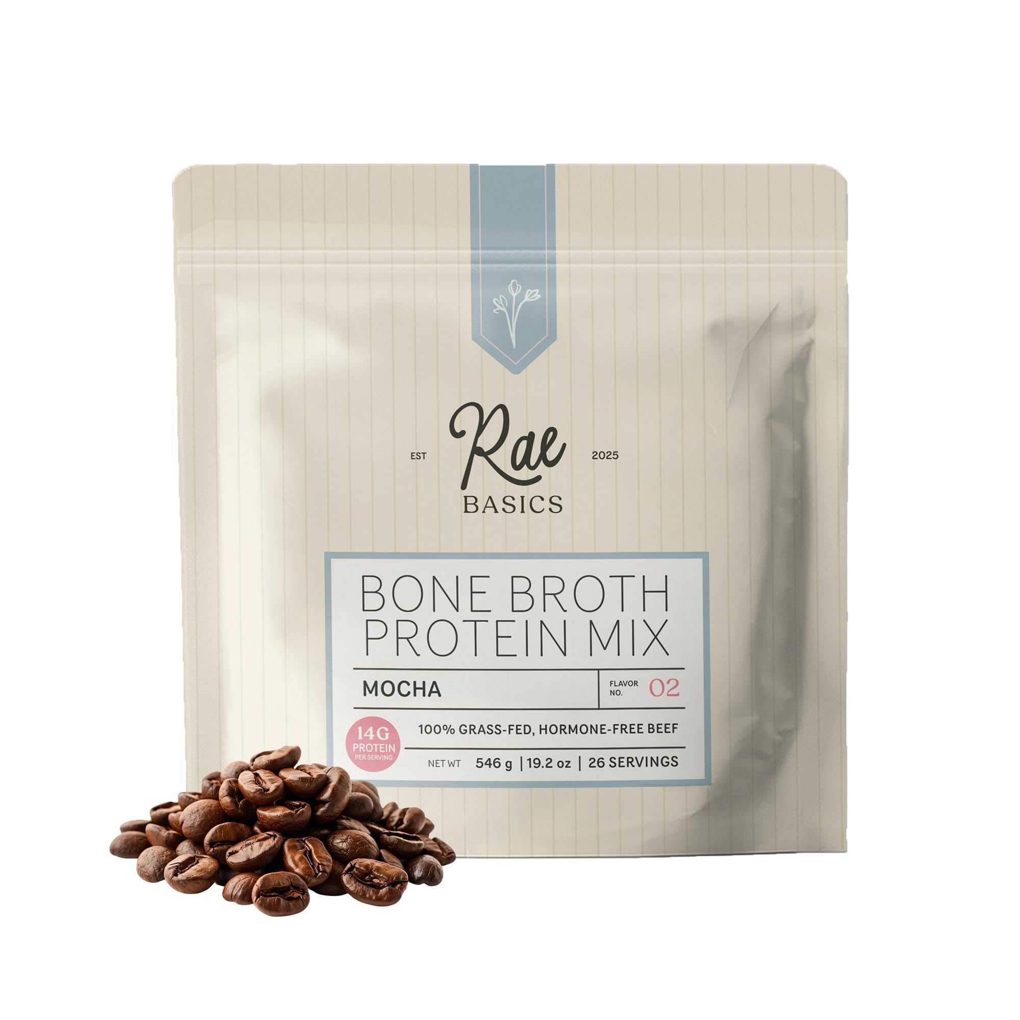Rae Basics mocha bone broth powder in a jar for a creamy, dairy-free drink