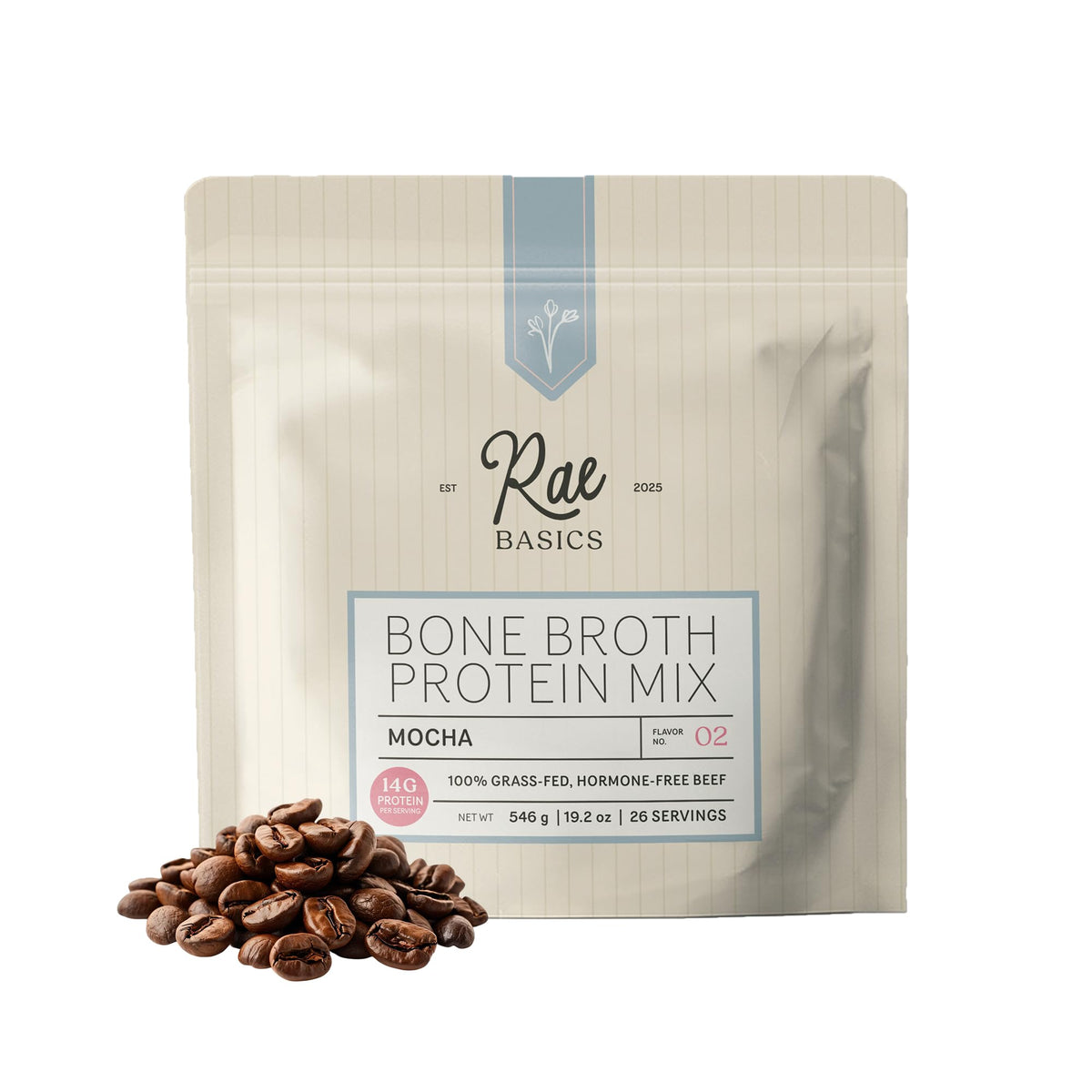 Rae Basics mocha bone broth powder in a jar for a creamy, dairy-free drink
