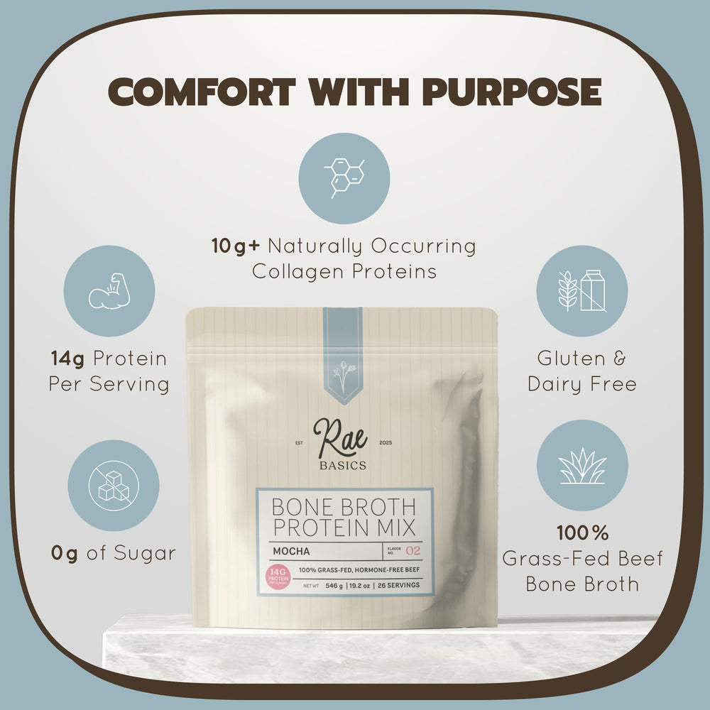 Rae Basics protein powder scoop showing 14g protein per serving for everyday balance