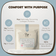 Rae Basics protein powder scoop showing 14g protein per serving for everyday balance