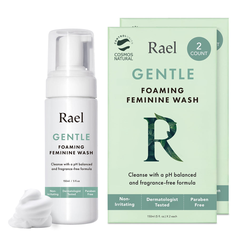 Rael feminine wash bottle with pump for easy daily cleansing.
