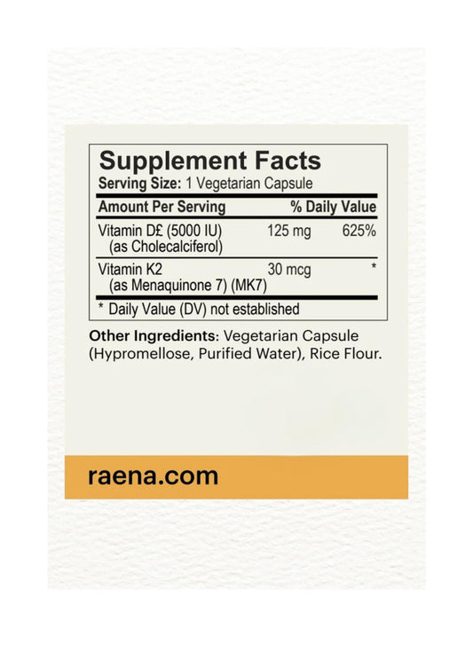 Close-up of Raena D3 K2 capsules ready to take