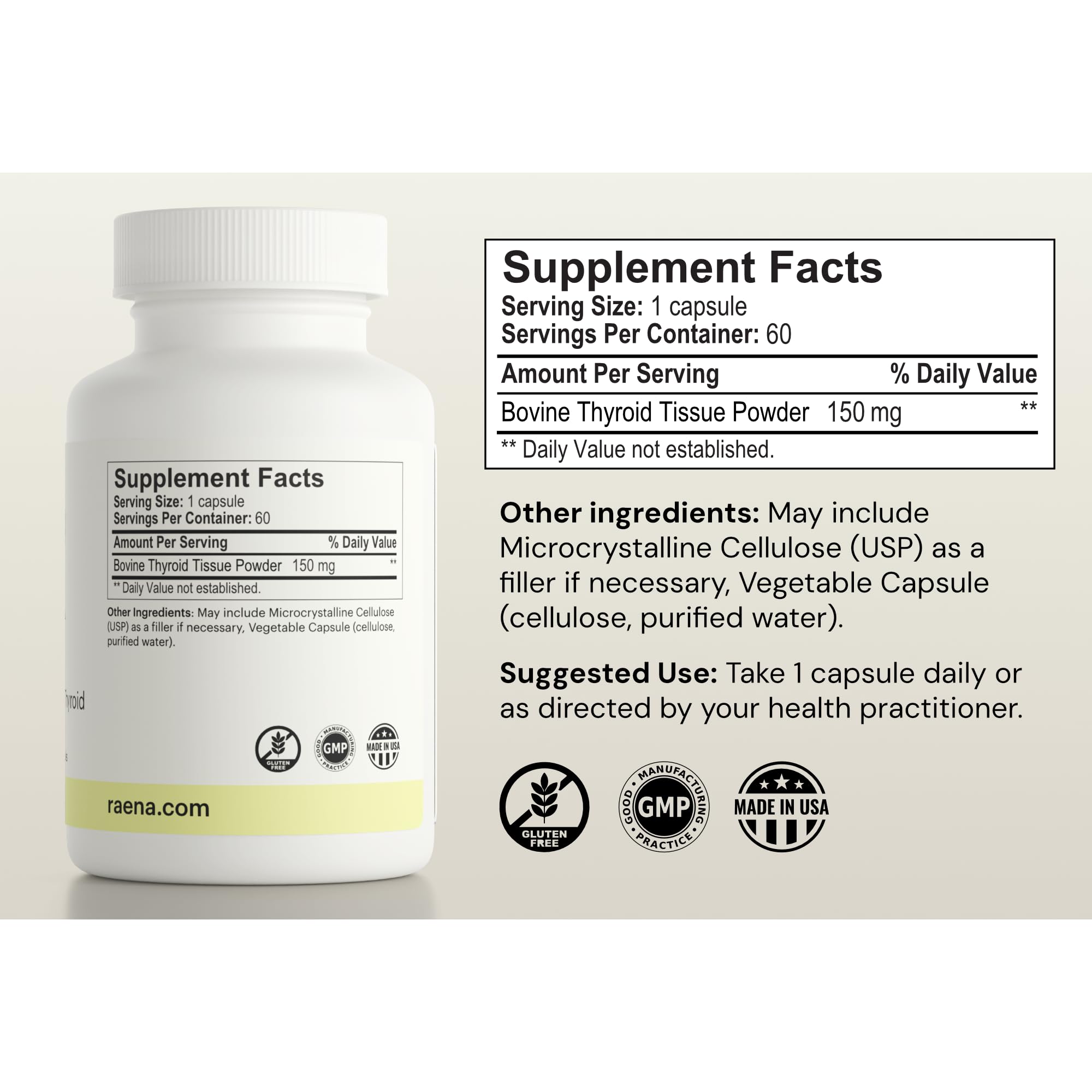 Raena Premium Bovine capsules closeup, easy-to-swallow daily supplement