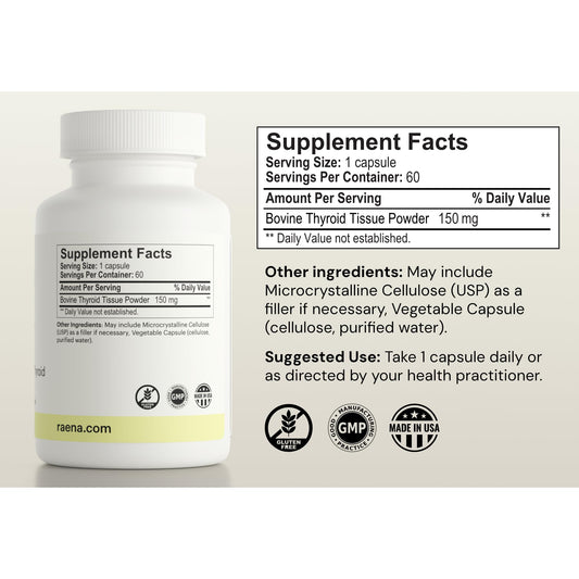 Raena Premium Bovine capsules closeup, easy-to-swallow daily supplement