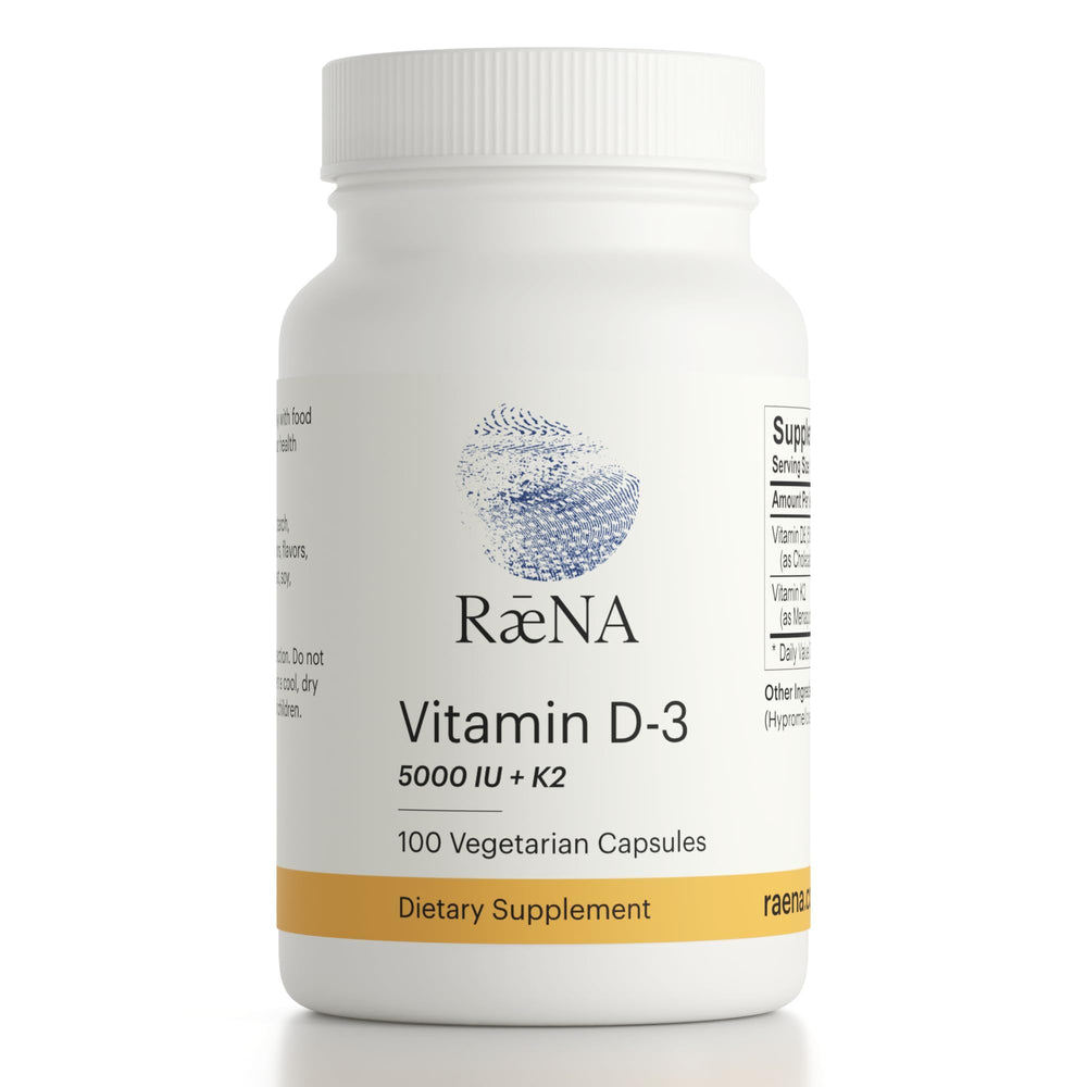 Raena vitamin D3 + K2 bottle shown on shelf for daily use