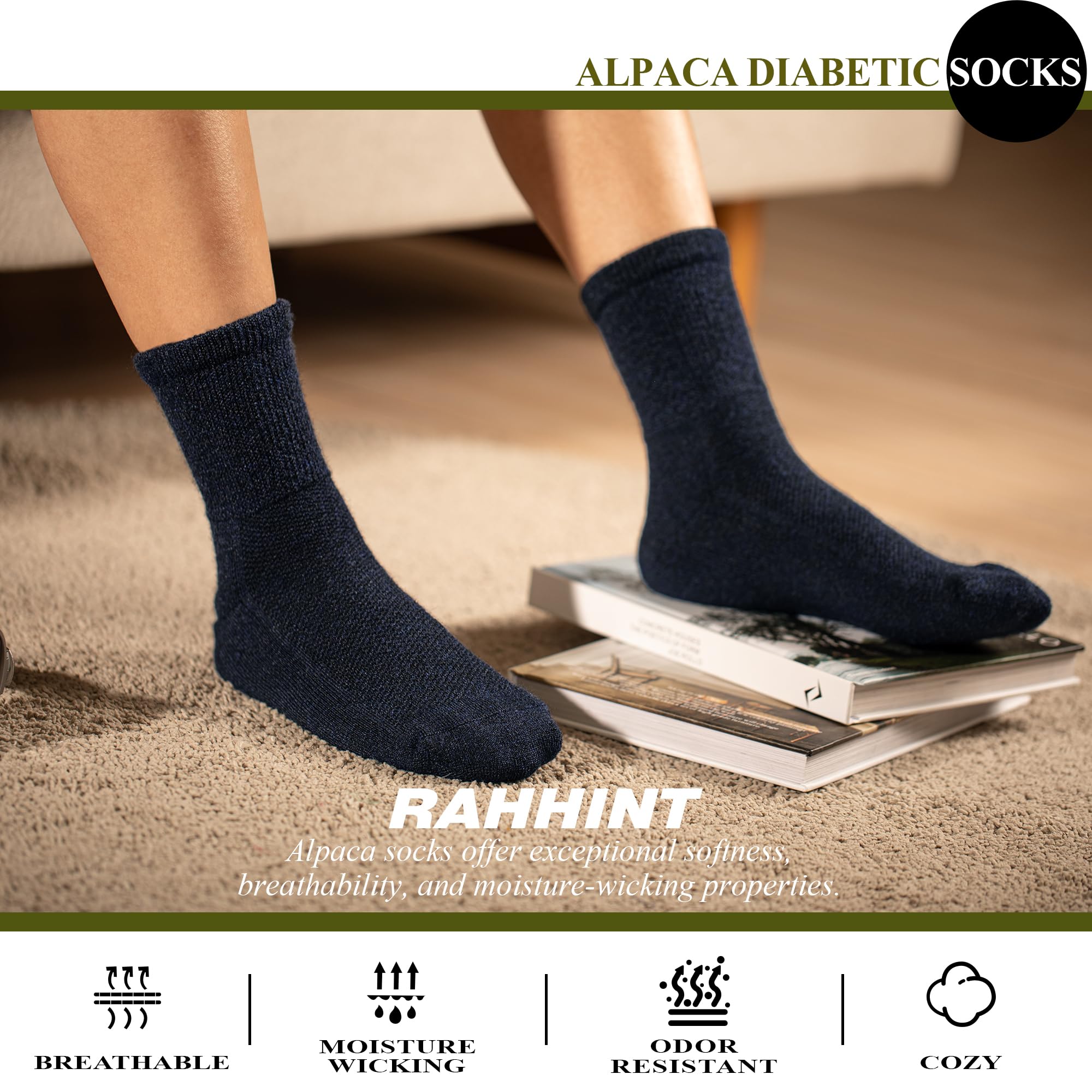 Rahhint Alpaca Wool Diabetic Socks cushioned sole supports comfortable walking.