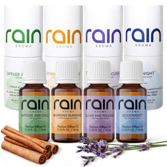 Rain Aroma diffuser oil set lineup with four blends for relaxing home ambiance