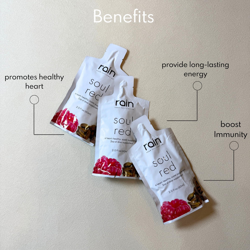 RAIN Soul Red ingredients card highlights plant-based, non-GMO, gluten-free formula