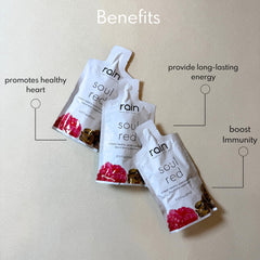 RAIN Soul Red ingredients card highlights plant-based, non-GMO, gluten-free formula