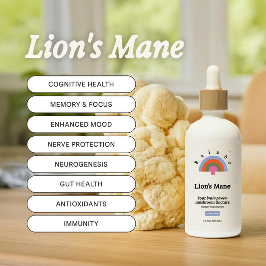 Rainbo Lion’s Mane tincture label close-up highlights vegan, non-GMO dual extract quality