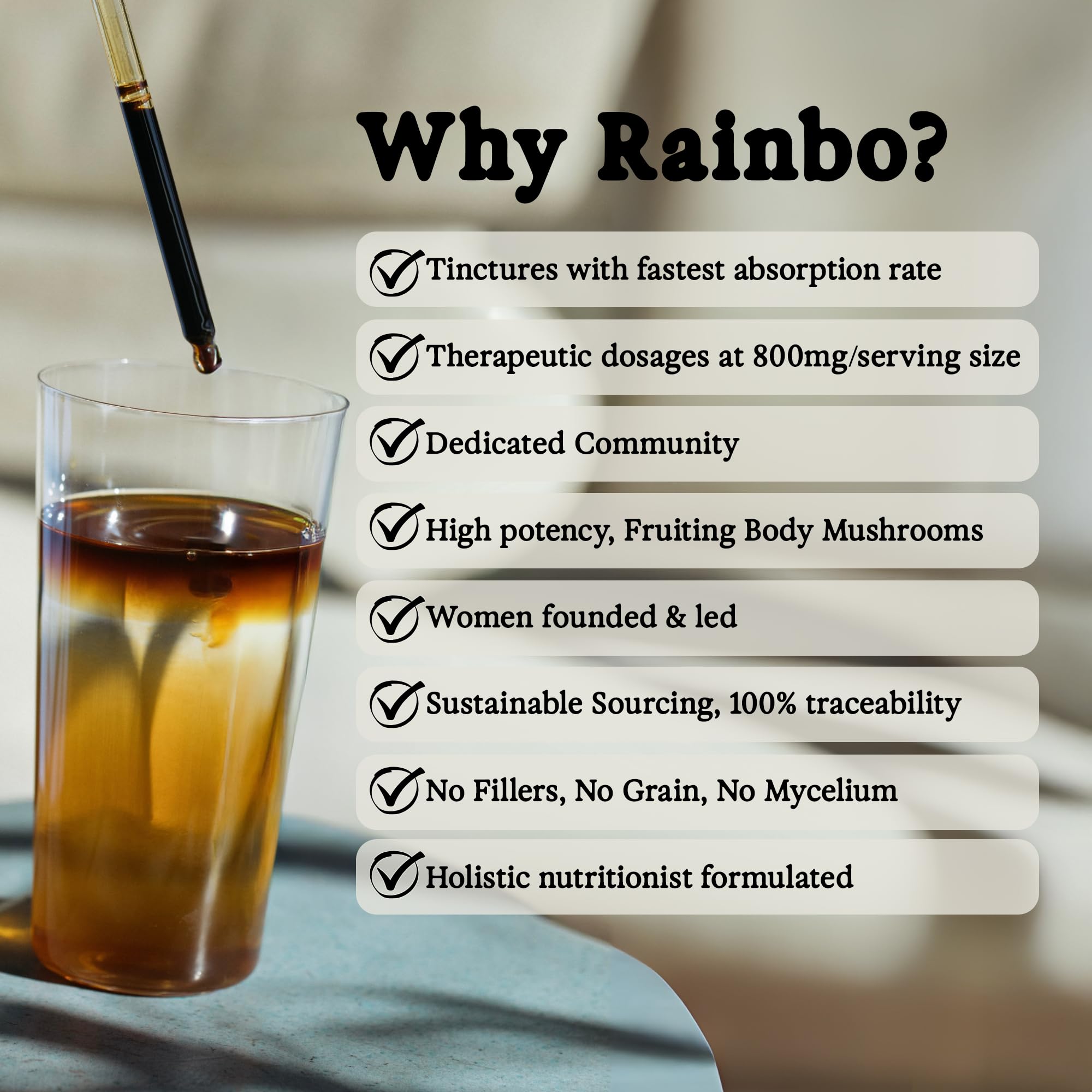 Vegan glycerin-based Rainbo tincture highlights clean plant-powered formulation.