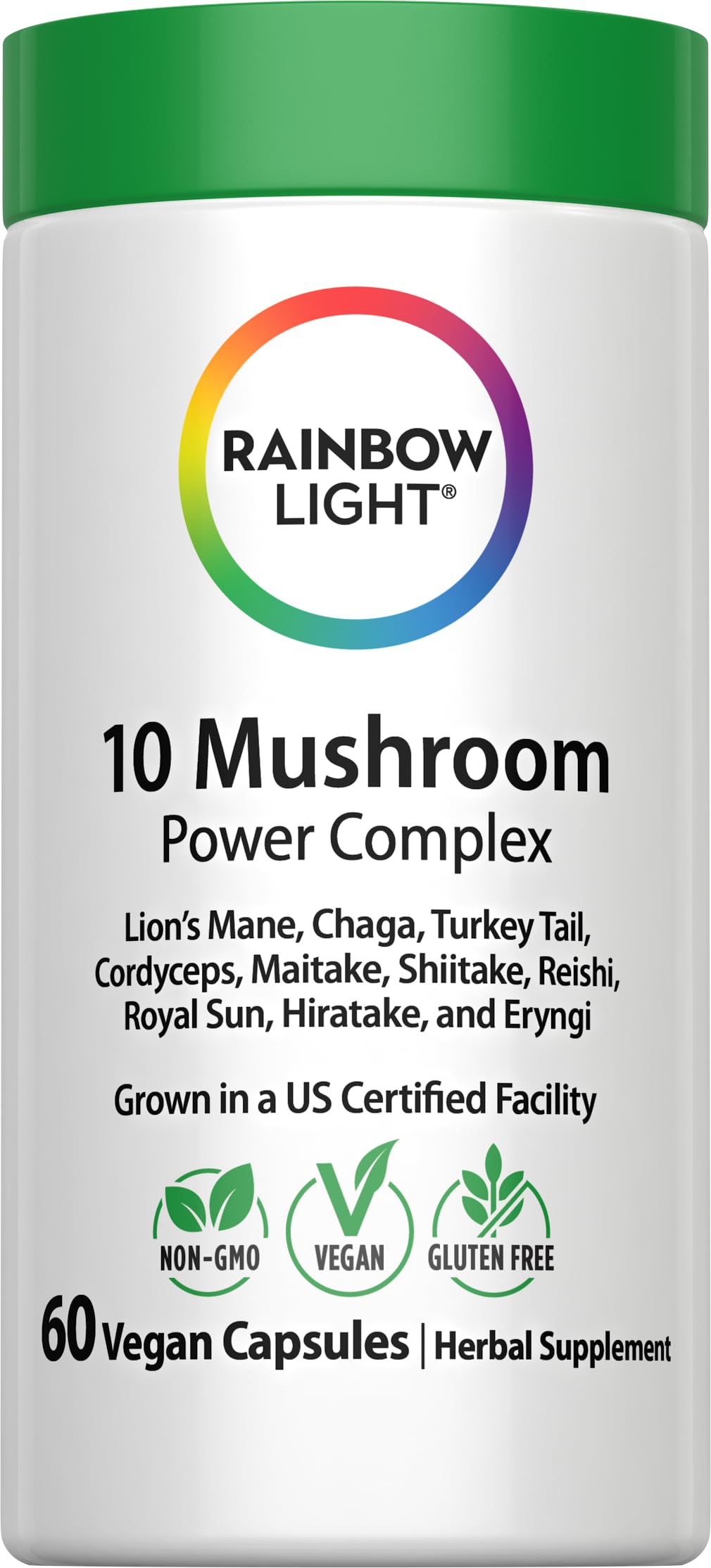 Rainbow Light 10 Mushroom Power Complex bottle with vegan capsules for daily wellness.