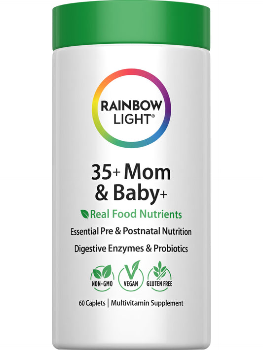 Rainbow Light 35+ Mom & Baby+ multivitamin bottle showing the product for prenatal and postnatal support