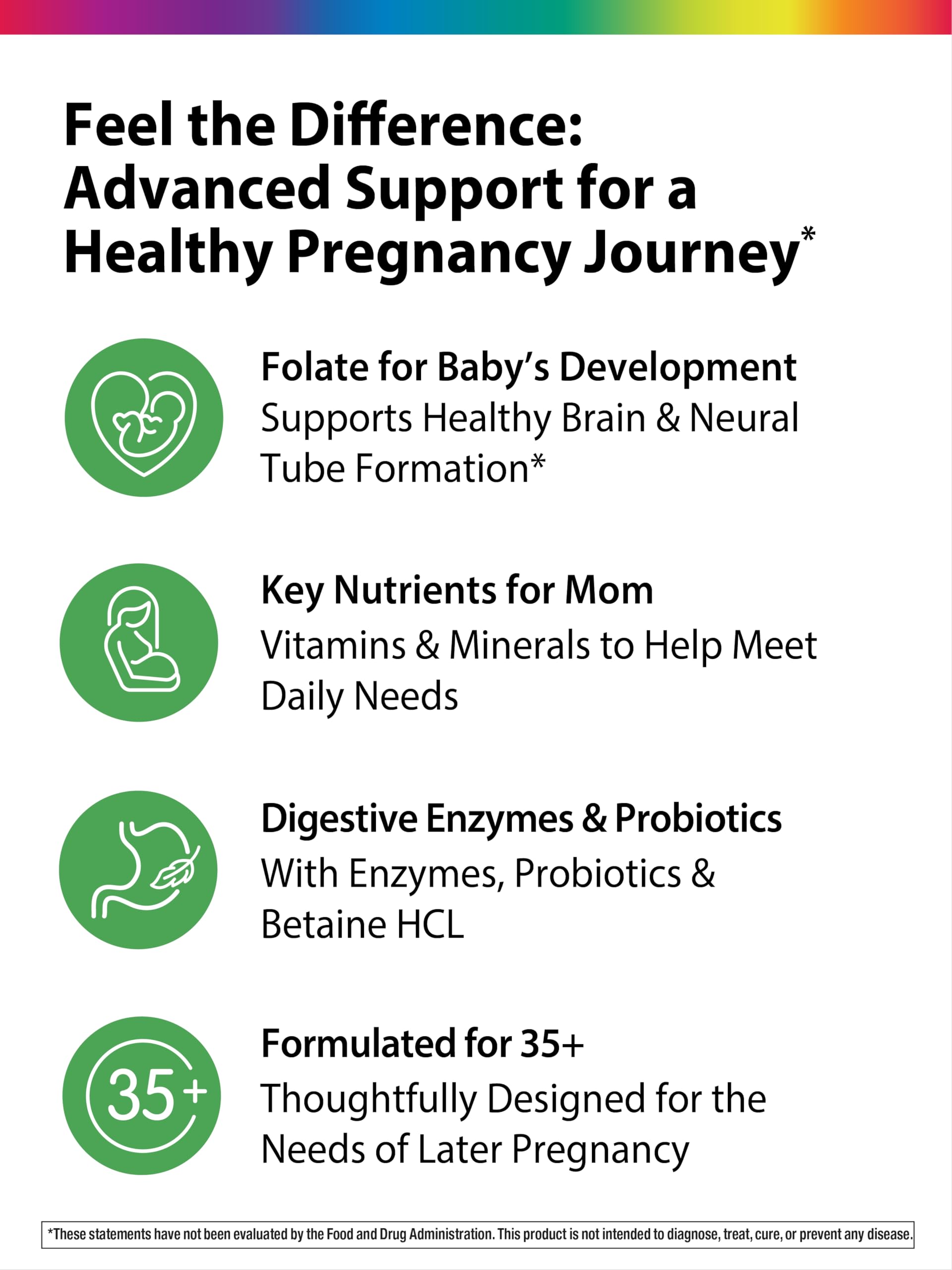Label detail of Rainbow Light 35+ Mom & Baby+ showing folate, iron, probiotics