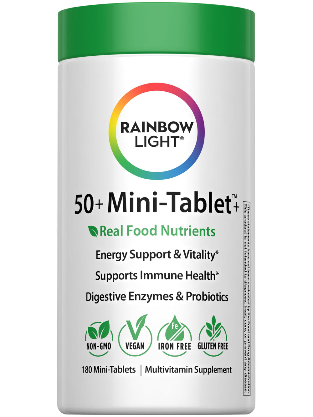 Rainbow Light 50+ mini-tablet bottle front supports immune health for adults over 50.