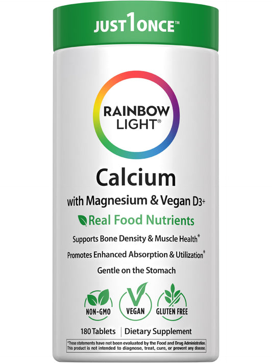 Rainbow Light Calcium Complex bottle front view highlighting vegan mineral blend for daily bone support