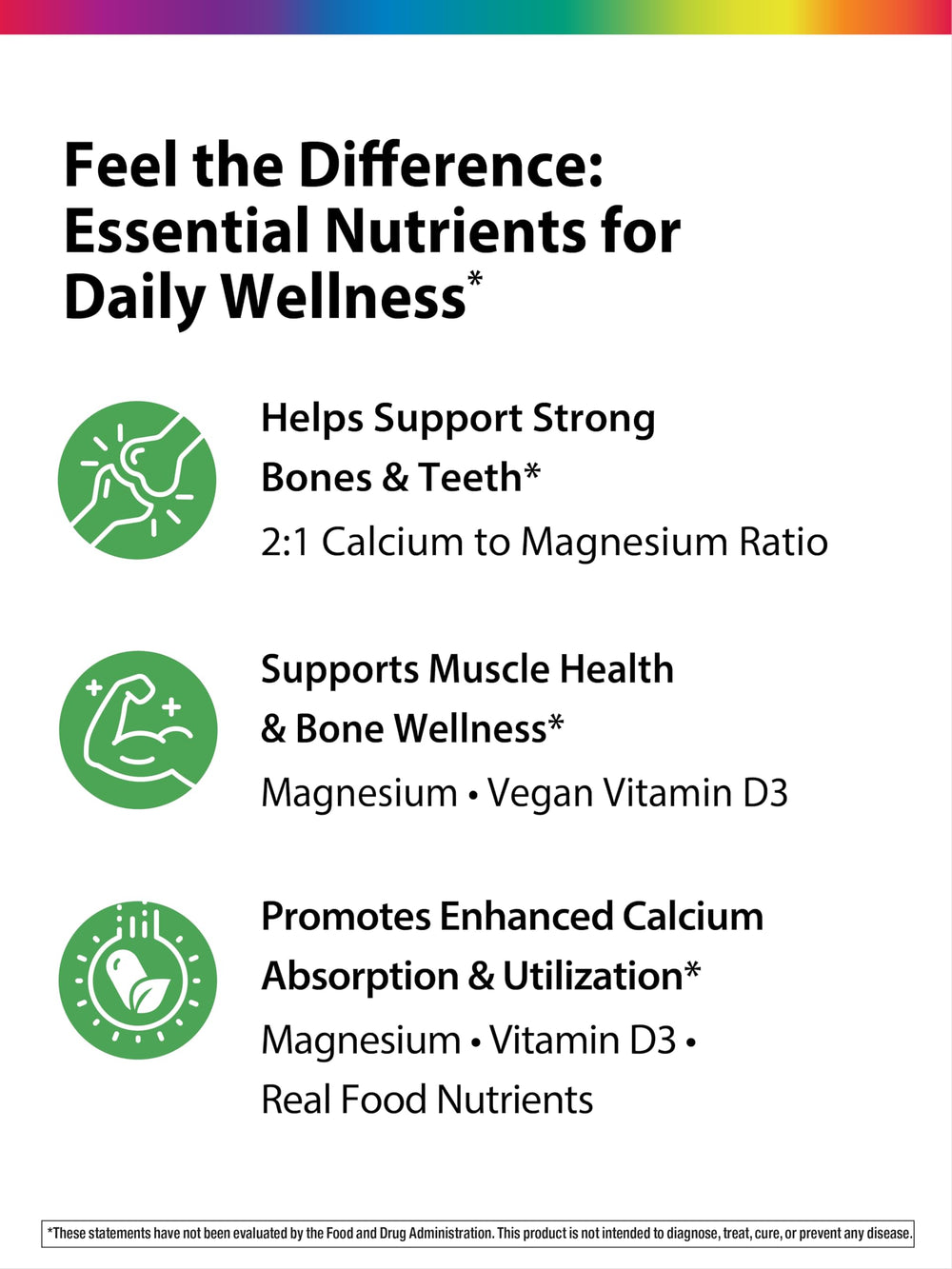 Rainbow Light Calcium Complex ingredients reveal vegan formula with calcium, magnesium, D3