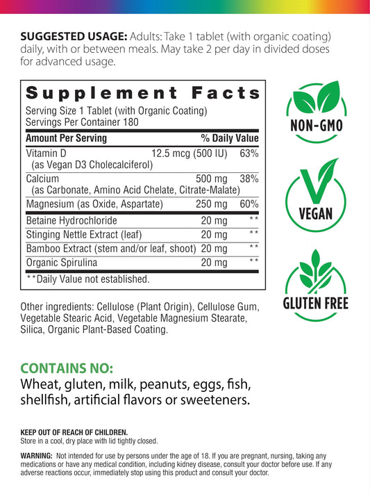 Rainbow Light Calcium Complex tablets closeup showing vegan pills for daily bone support