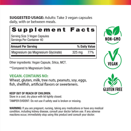 Rainbow Light Magnesium Glycinate 325 mg capsules for easy daily magnesium support.