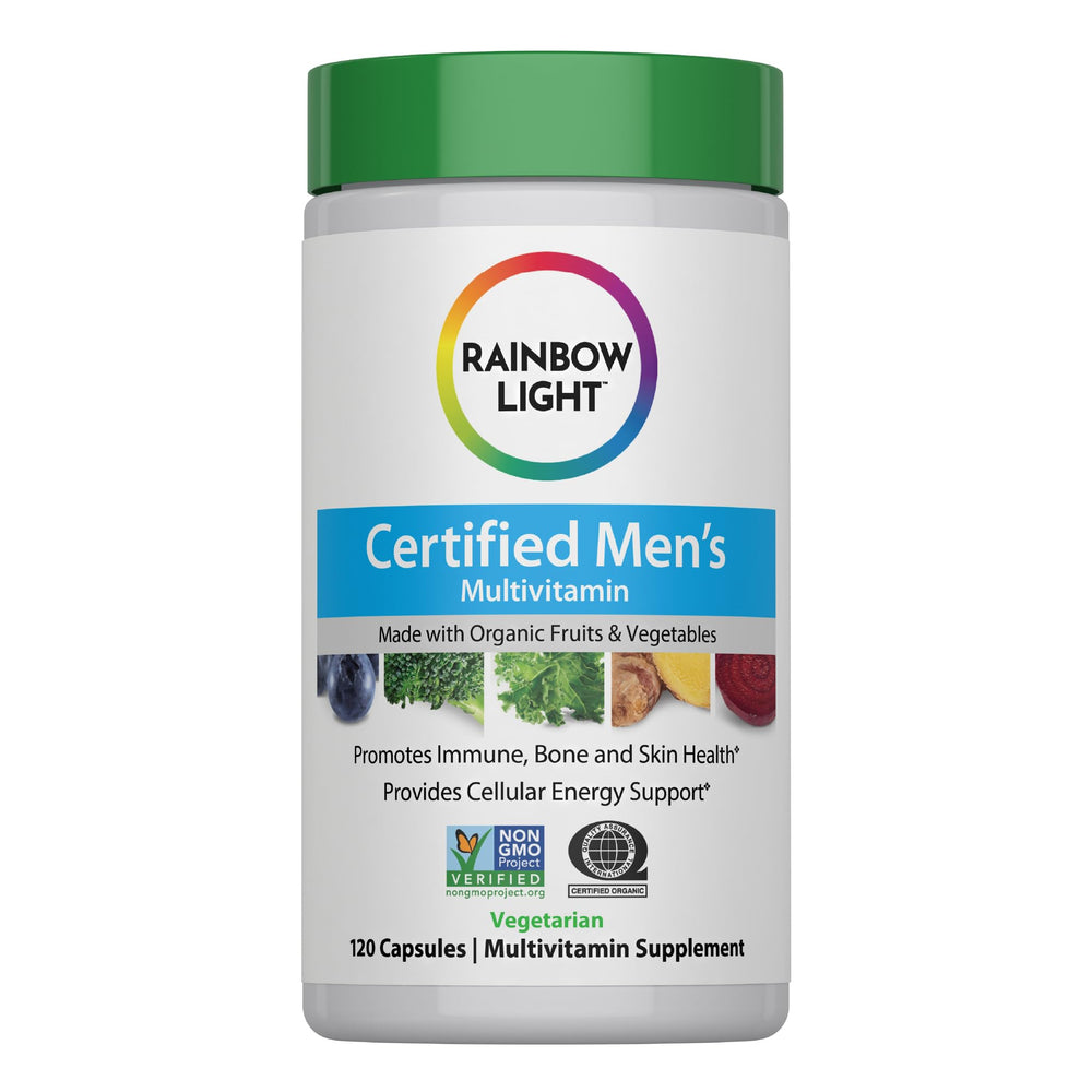 Rainbow Light Men’s Multivitamin bottle front view highlighting immune and energy support.