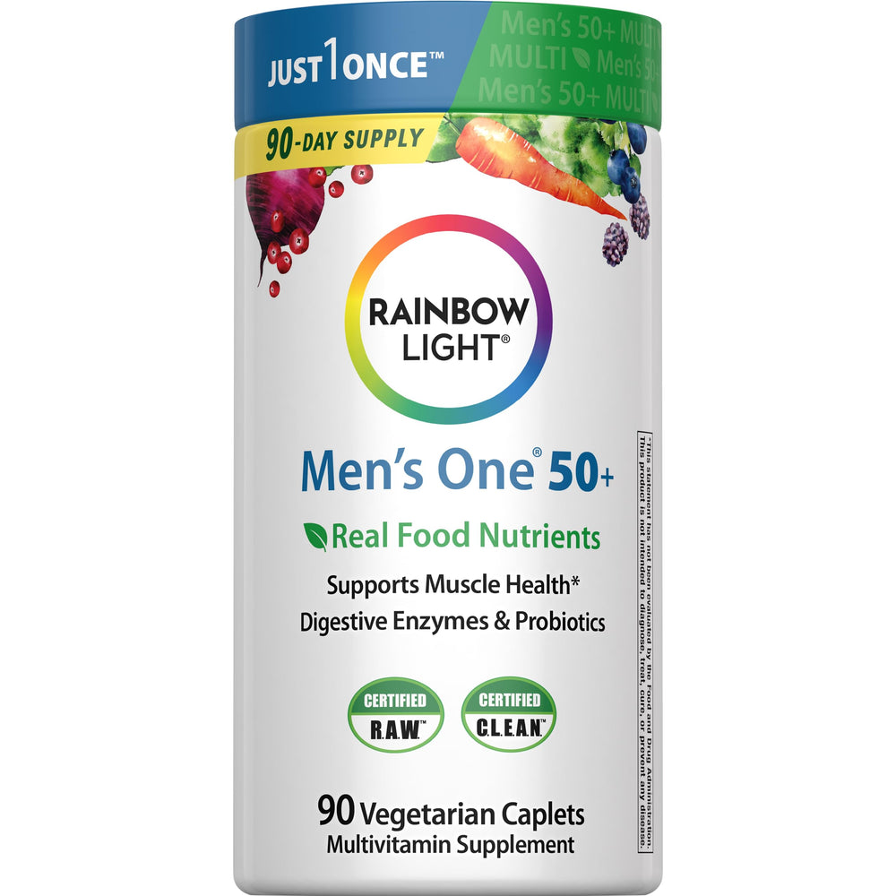 Rainbow Light Mens One 50+ bottle cap: easy daily supplement for active lifestyles.