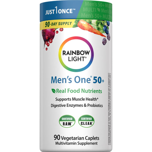 Rainbow Light Mens One 50+ bottle cap: easy daily supplement for active lifestyles.