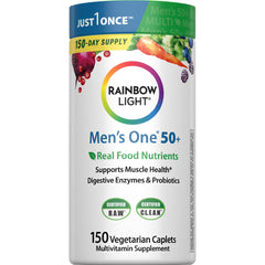 Rainbow Light Mens One 50+ bottle label highlighting high potency nutrients.