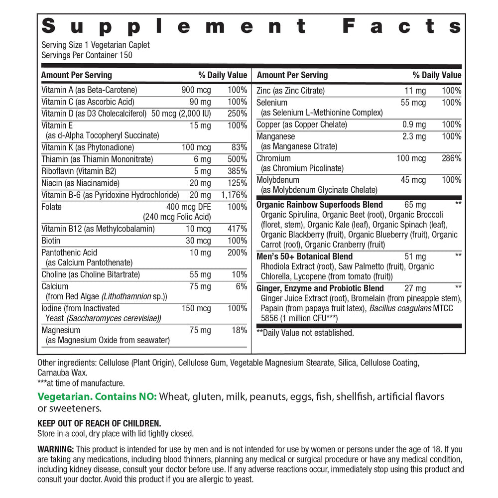 Rainbow Light Mens One 50+ daily dose showing C, D, and zinc for immune-friendly nutrition.