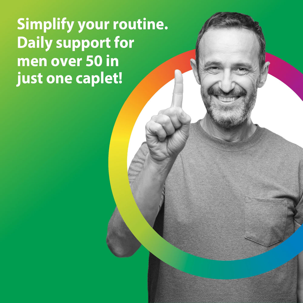 Rainbow Light Mens One 50+ probiotics blend supports digestive comfort and gut health.