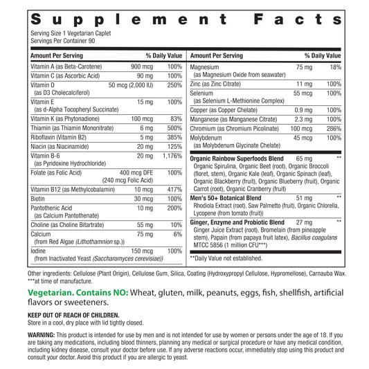 Rainbow Light Mens One 50+ tablet closeup: high potency vitamins for daily energy.