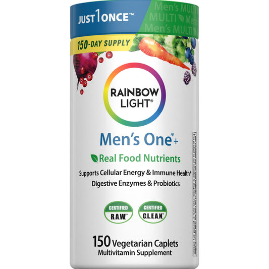 Rainbow Light Men's One+ bottle with caplets for daily wellness and energy.