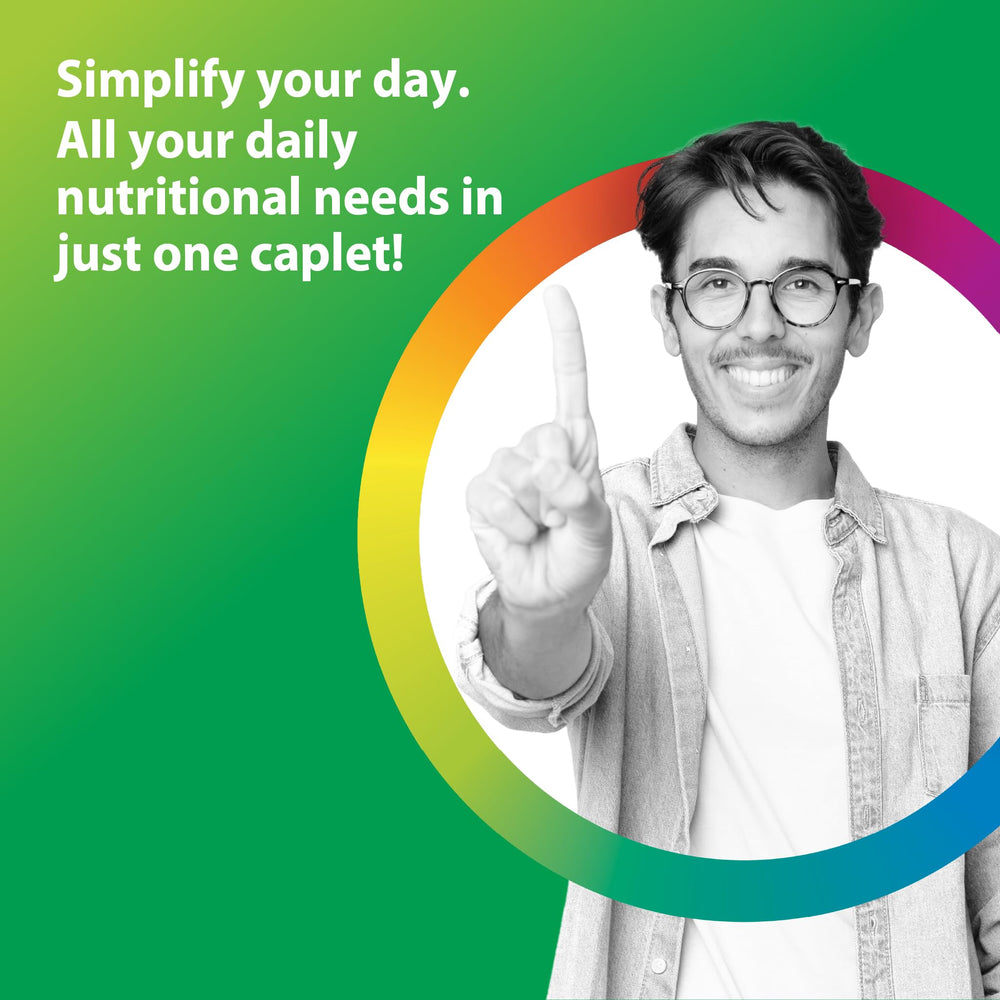 Rainbow Light Men's One+ label shows vegetarian and allergen-free formula.