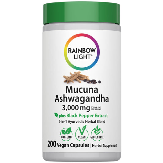 Rainbow Light Mucuna Ashwagandha bottle with vegan capsules for daily balance.