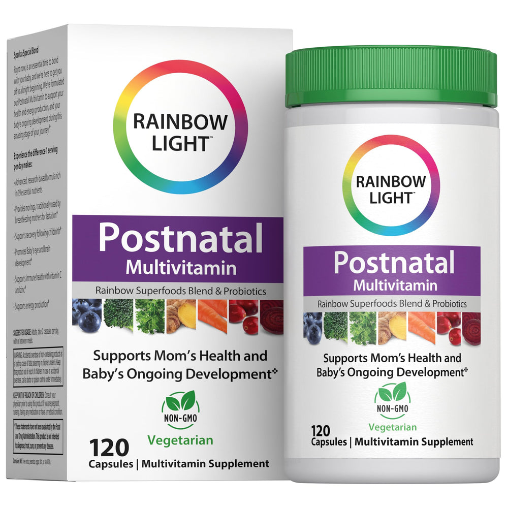 Rainbow Light Postnatal Multivitamin bottle shows 120 capsules for mom and baby support.