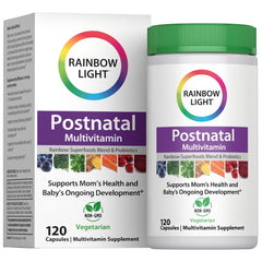 Rainbow Light Postnatal Multivitamin bottle shows 120 capsules for mom and baby support.