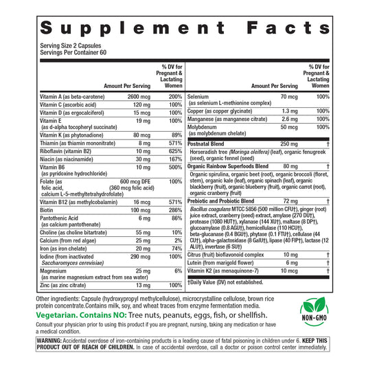 Rainbow Light Postnatal Multivitamin label closeup highlighting lutein and immune-friendly nutrients.