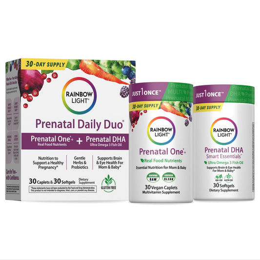 Rainbow Light Prenatal DHA caplets bottle, easy daily dosing