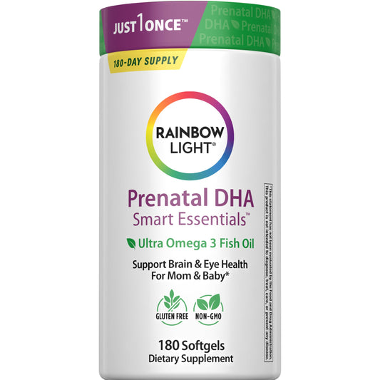 Rainbow Light Prenatal DHA softgels with orange flavor for easy daily omega-3 intake.