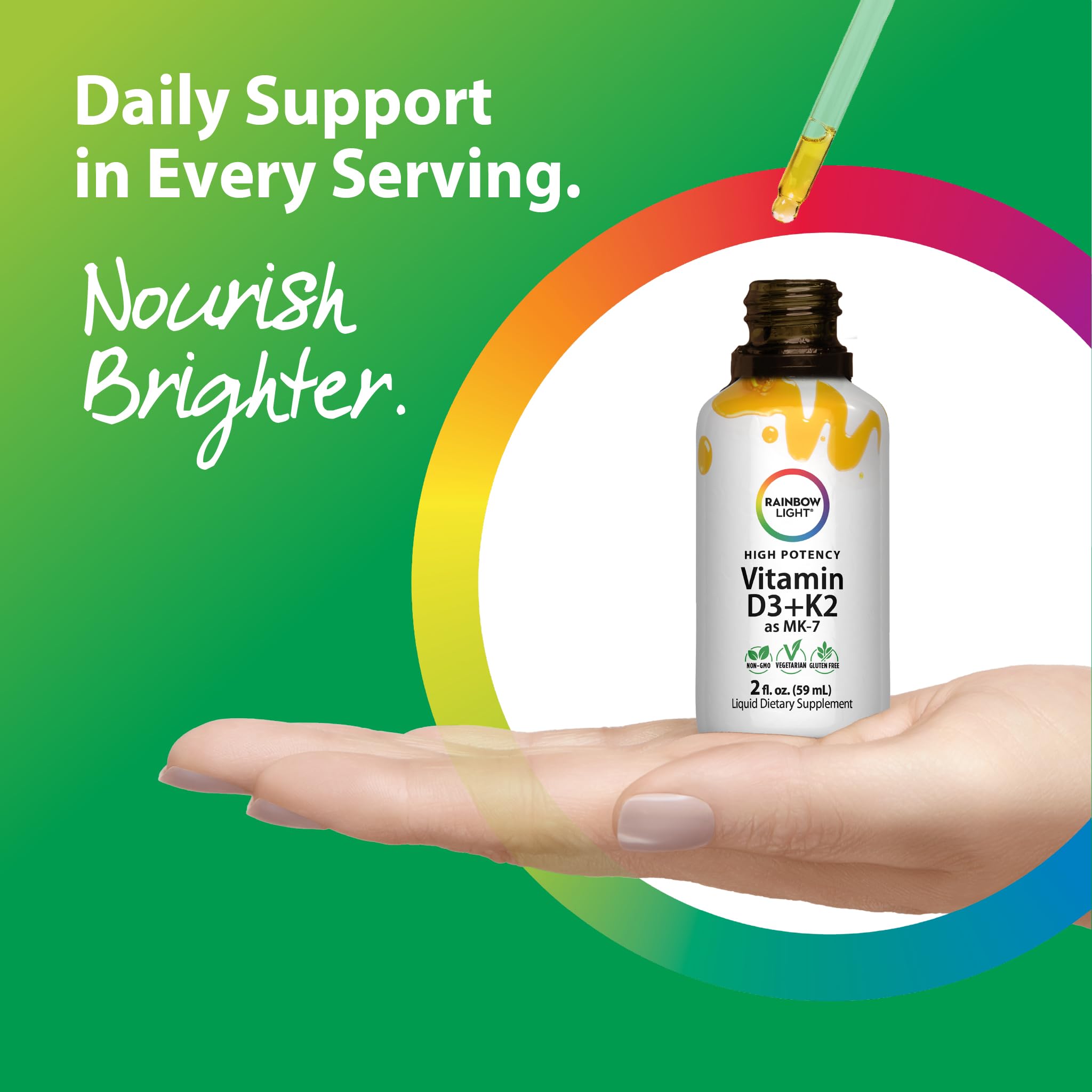 Rainbow Light packaging emphasizes vegan, non-GMO quality