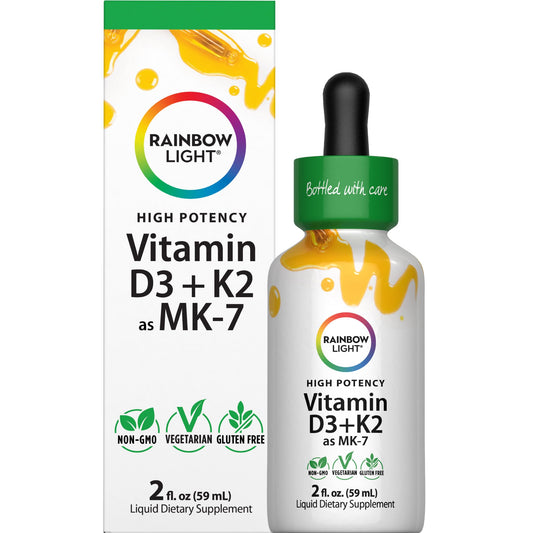 Rainbow Light Vitamin D3 + K2 bottle label highlights potency for daily use