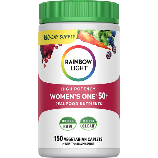 Rainbow Light Women 50+ multivitamin bottle close-up for daily immune support.