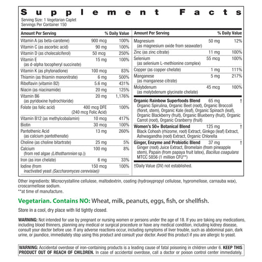 Rainbow Light Women 50+ tablets close-up highlighting high-potency vitamins.