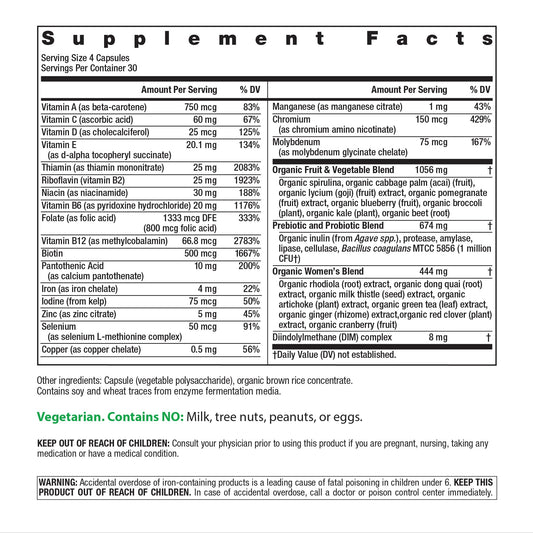 Rainbow Light Women's Multivitamin bottle back label highlights organic ingredients for clean nutrition