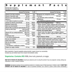 Rainbow Light Women's Multivitamin bottle back label highlights organic ingredients for clean nutrition