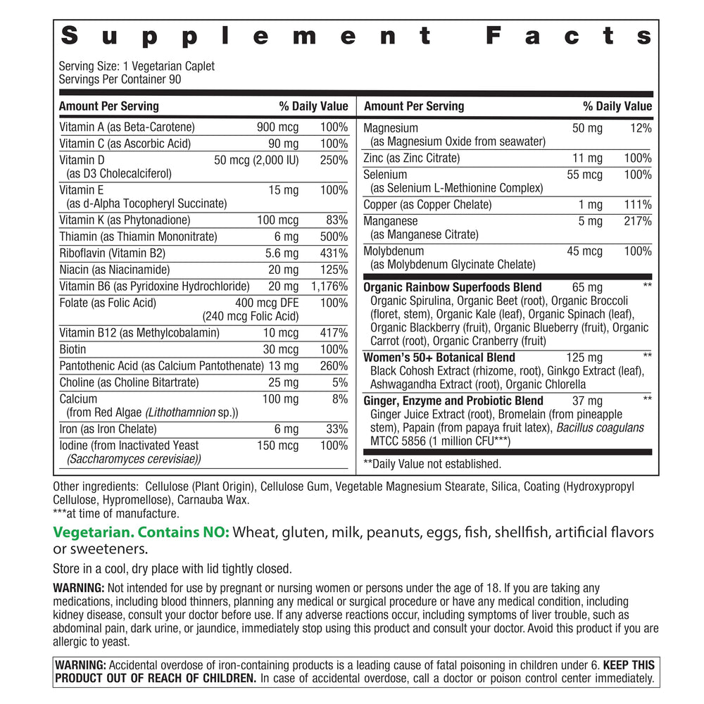 Rainbow Light Women's One 50+ bottle label close-up highlighting real food nutrients