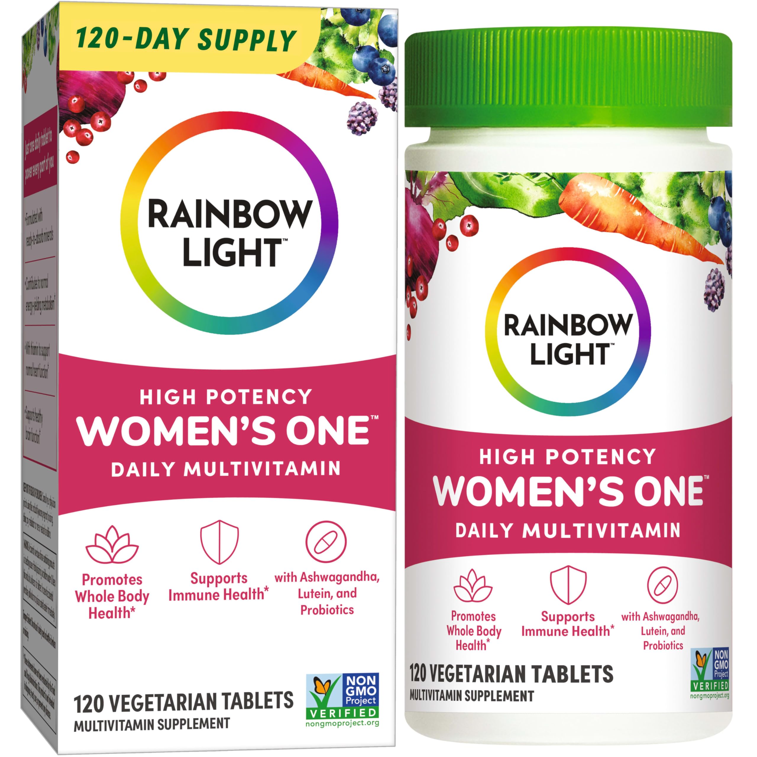 Rainbow Light Women's One powder tub showing daily multivitamin support.